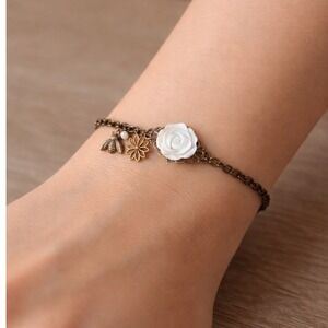 Vintage Bronze Bee Pearl and Rose Charm Bracelet White Shell Floral